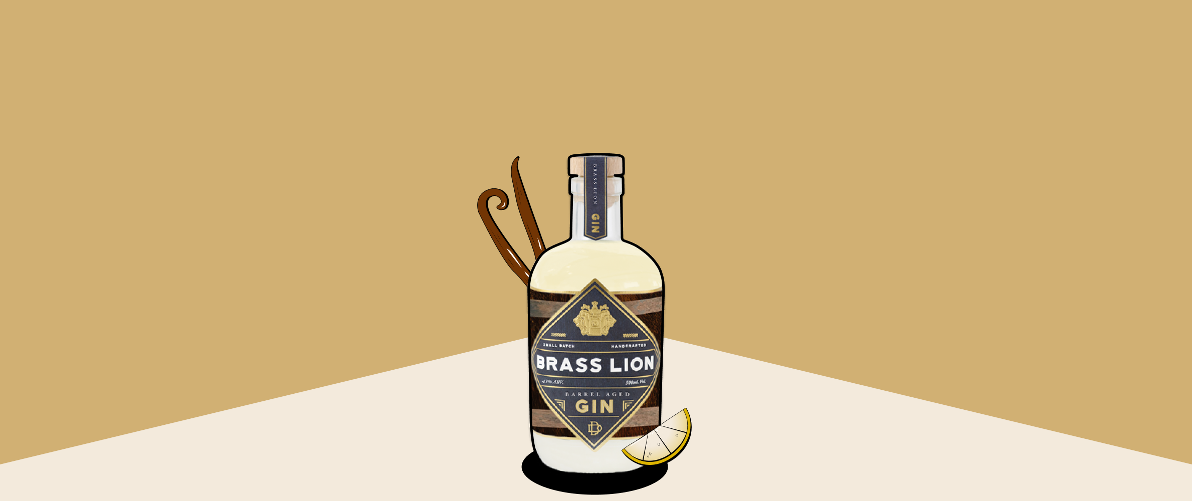 Brass Lion Barrel Aged Gin bottle with vanilla sticks and lemon slice on warm tones