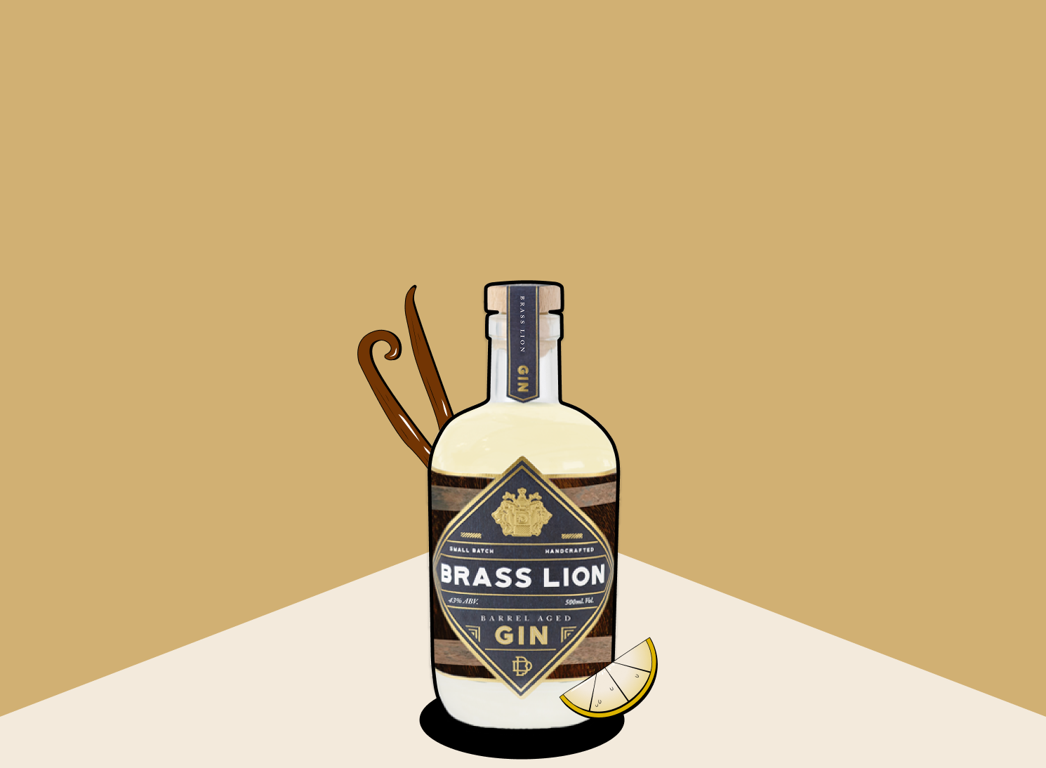 Brass Lion Barrel Aged Gin bottle with vanilla sticks and lemon slice on warm tones