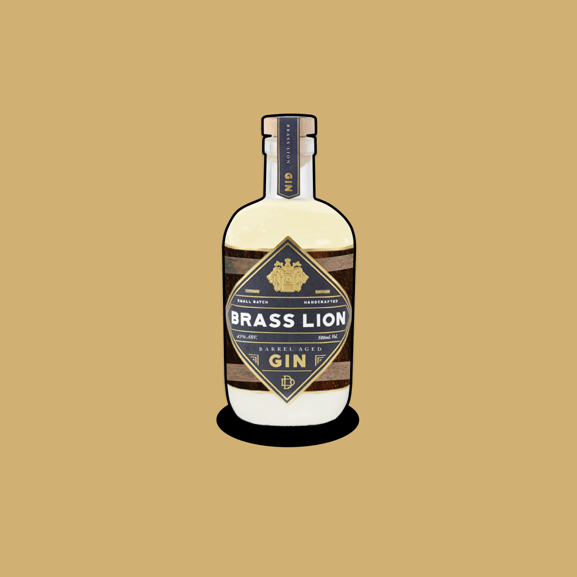 Brass Lion Barrel Aged Gin bottle on a warm brown background.