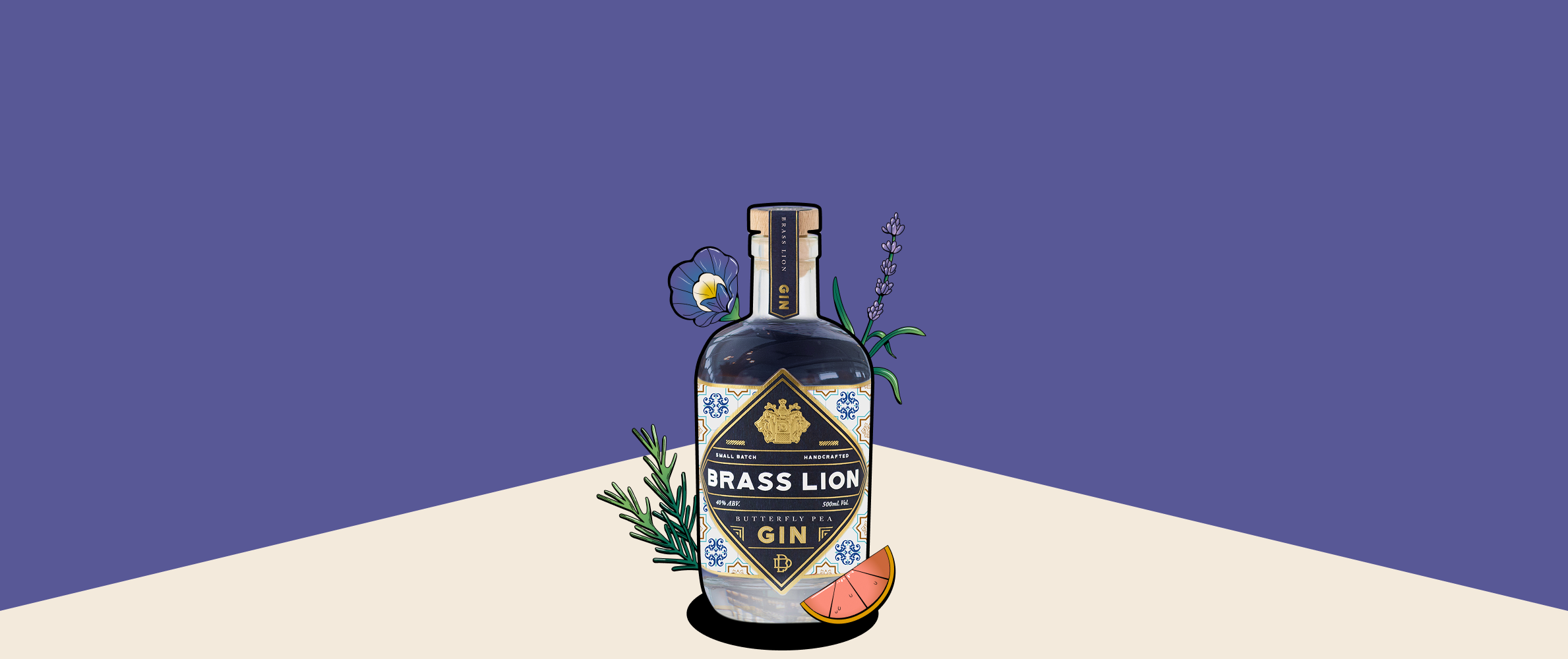 Brass Lion Butterfly Pea Gin bottle with rosemary, lavender, and citrus peel