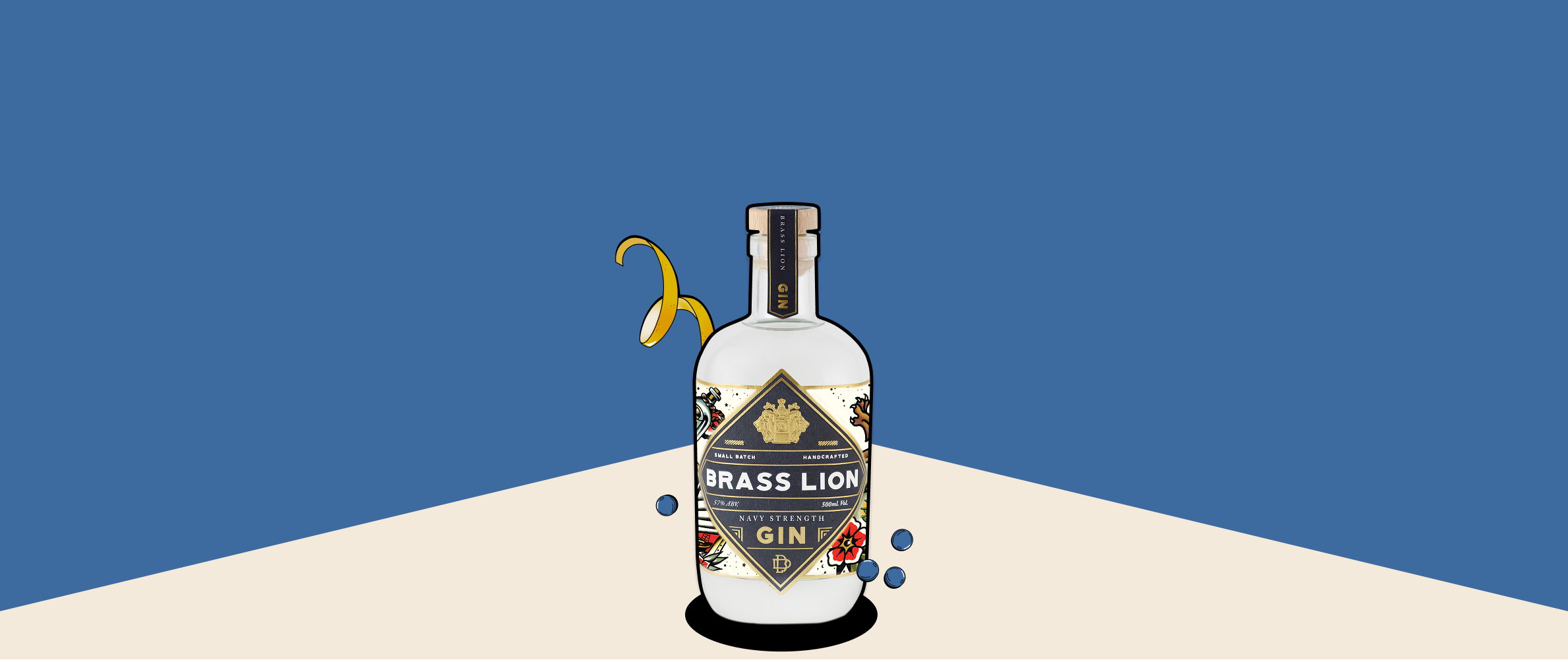 Brass Lion Navy Strength Gin bottle with bold accents and botanicals on blue backdrop