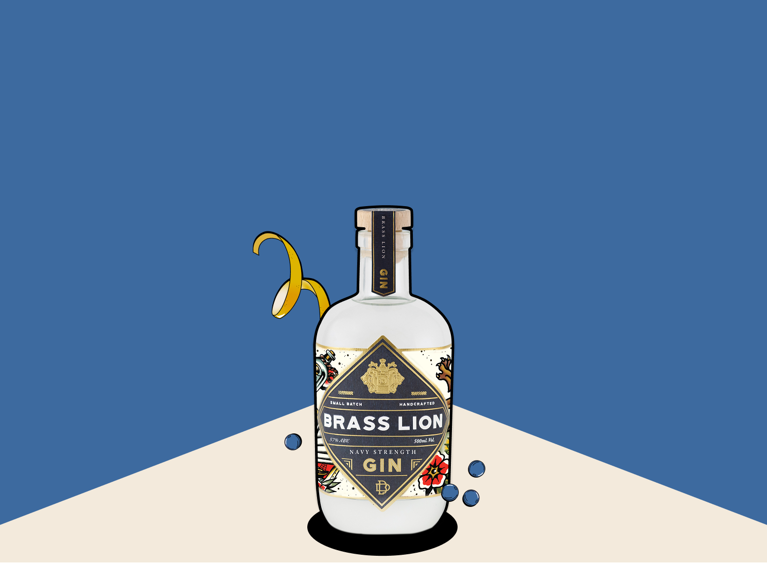 Brass Lion Navy Strength Gin bottle with bold accents and botanicals on blue backdrop