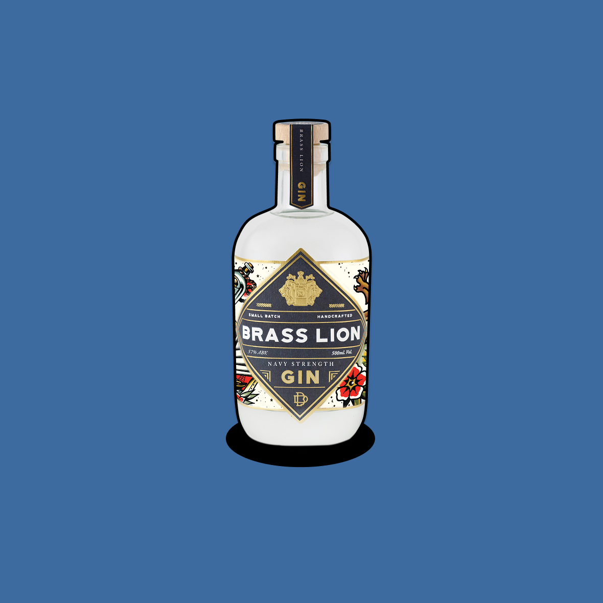 Brass Lion Navy Strength Gin bottle on a deep blue background.