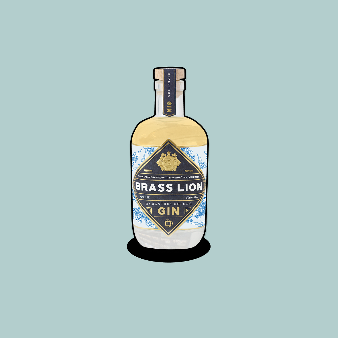 Brass Lion Osmanthus Oolong Gin bottle on a light teal background.