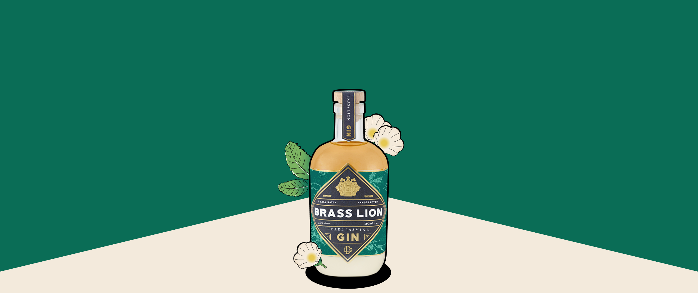 Brass Lion Pearl Jasmine Gin bottle with white jasmine flowers and green leaves