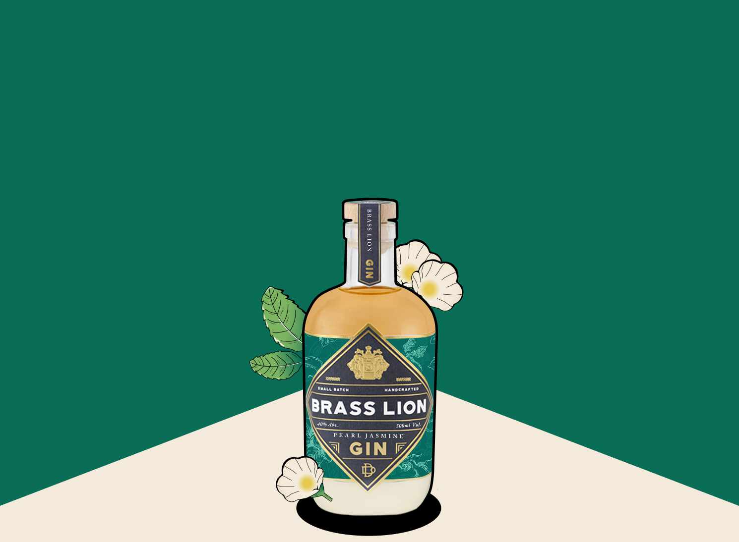 Brass Lion Pearl Jasmine Gin bottle with white jasmine flowers and green leaves