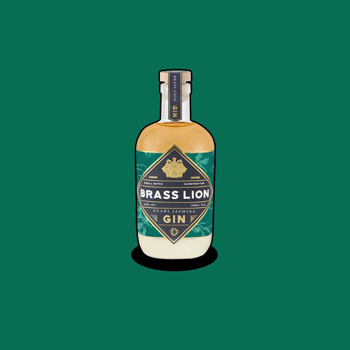 Brass Lion Pearl Jasmine Gin bottle on a deep green background.