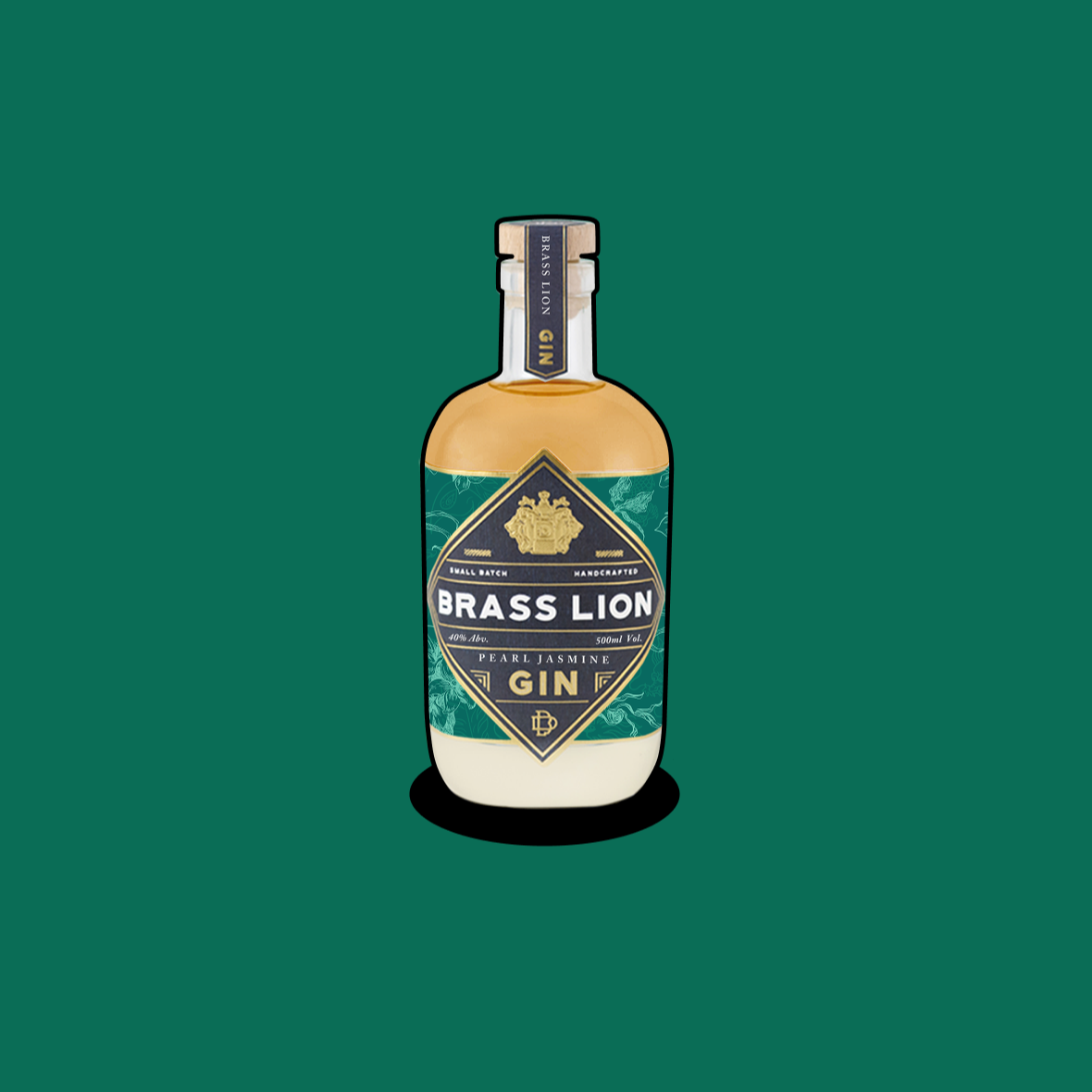 Brass Lion Pearl Jasmine Gin bottle on a deep green background.