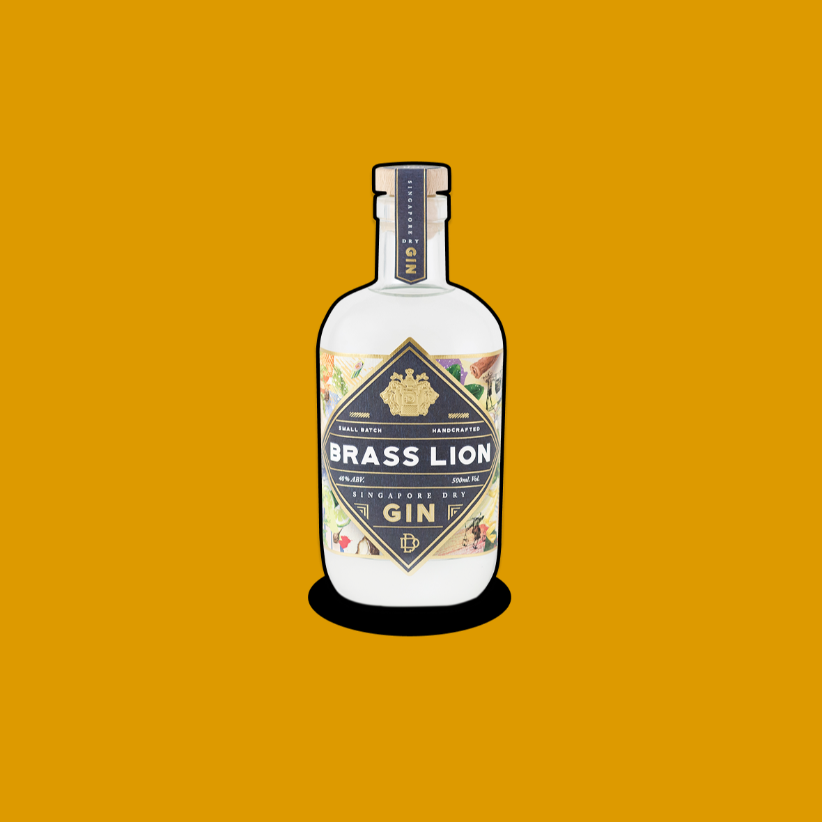 Brass Lion Singapore Dry Gin bottle on a mustard yellow background.