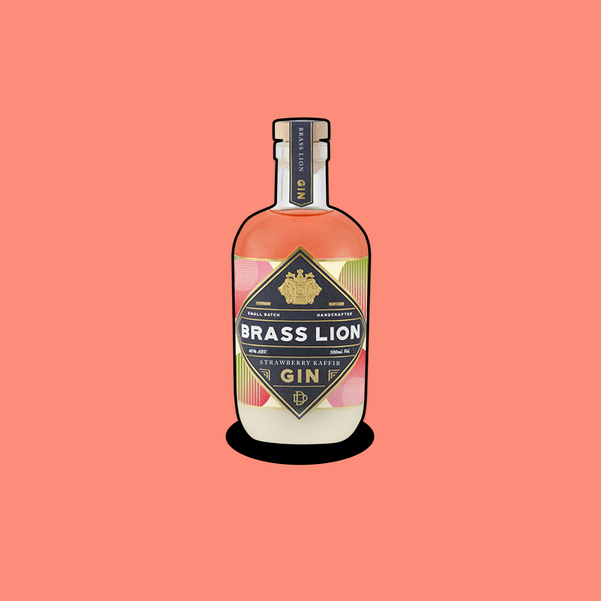 Brass Lion Strawberry Kaffir Gin bottle on a vibrant coral background.