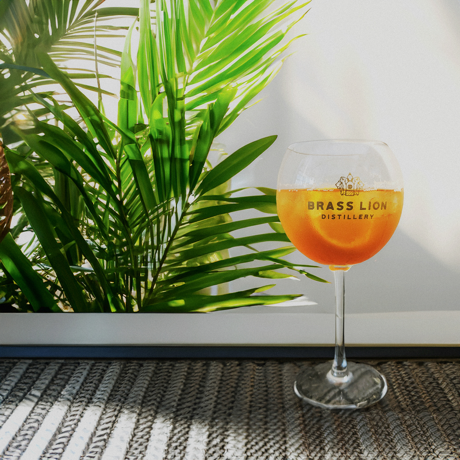 Brass Lion Hawthorn Gin cocktail in a globe glass, served in tropical sunlight with palm leaves in the background