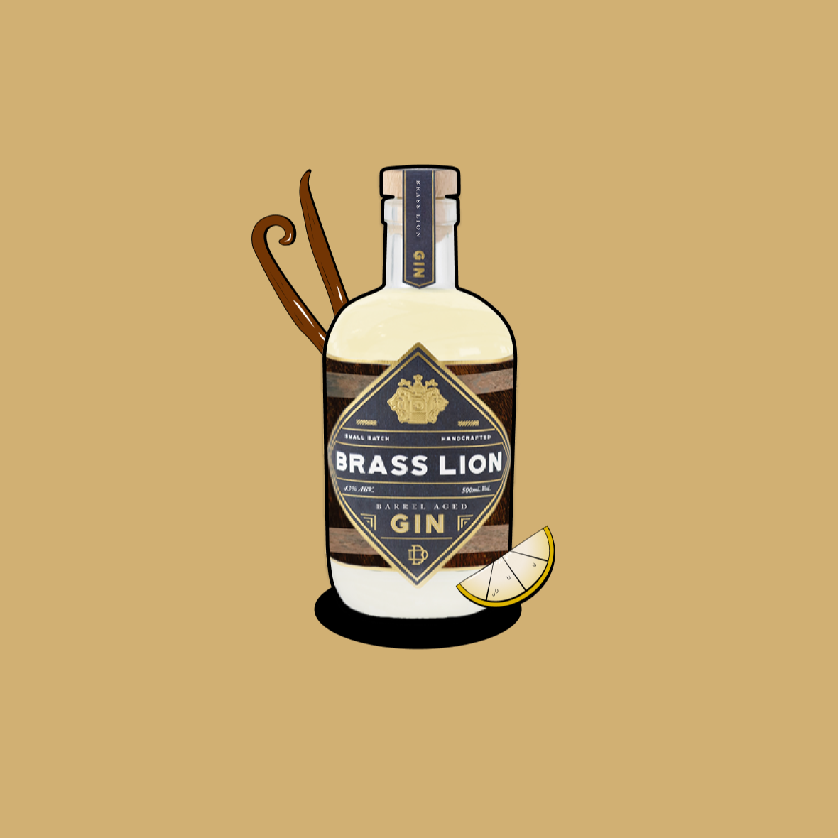 Brass Lion Barrel Aged Gin bottle with illustrated vanilla pods and lemon wedge.
