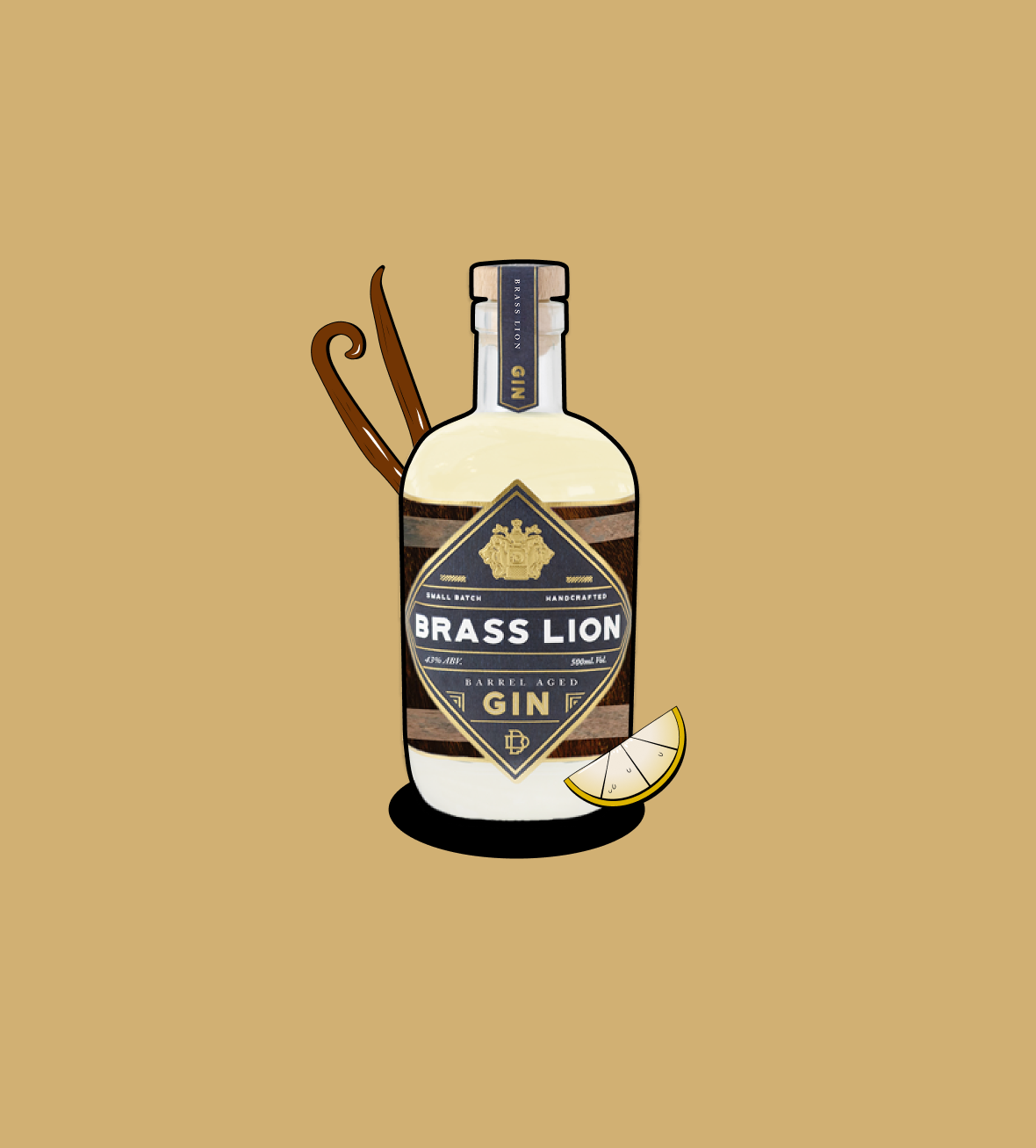 Brass Lion Barrel Aged Gin bottle with illustrated vanilla pods and lemon wedge.