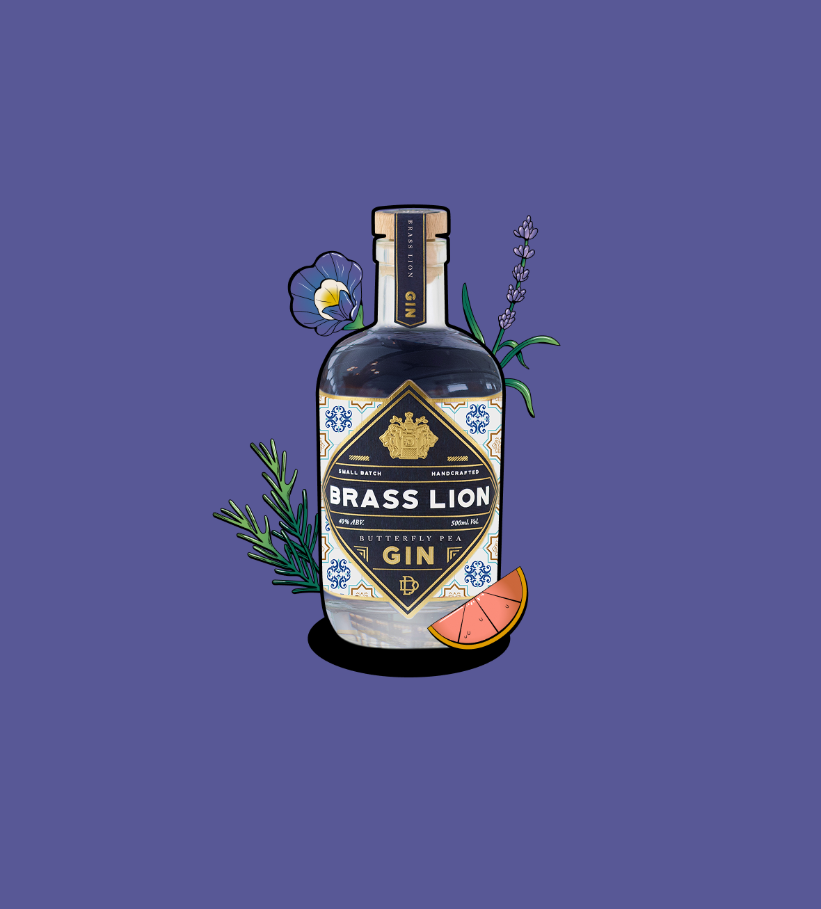 Brass Lion Butterfly Pea Gin bottle with illustrations of butterfly pea flower, rosemary, lavender, and a pink citrus wedge.