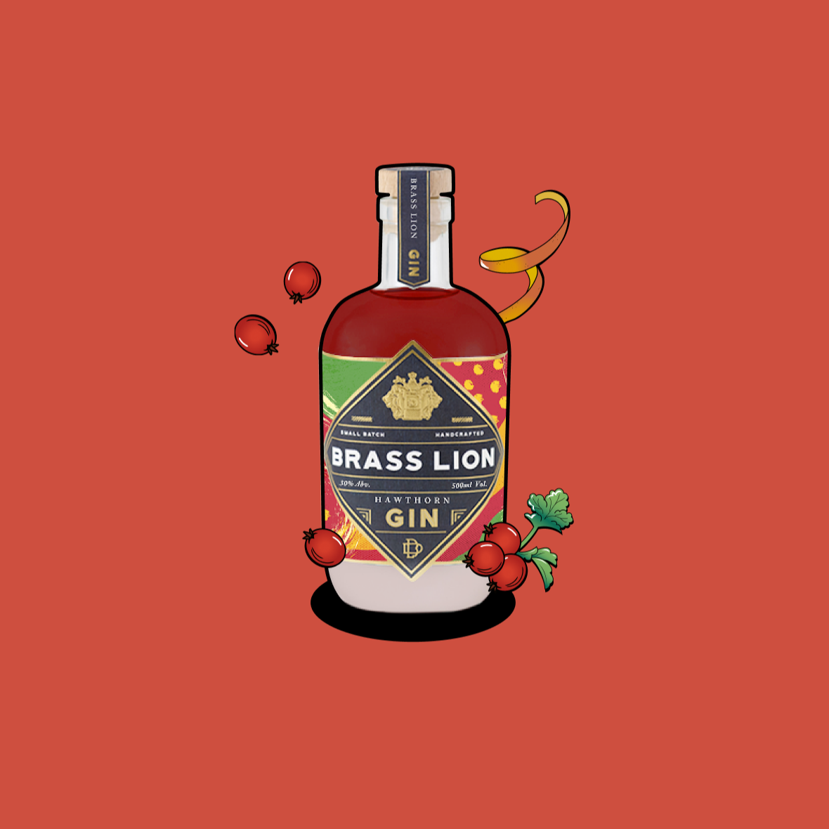 Brass Lion Hawthorn Gin bottle with hawthorn berries, coriander, and swirling peel illustrations.