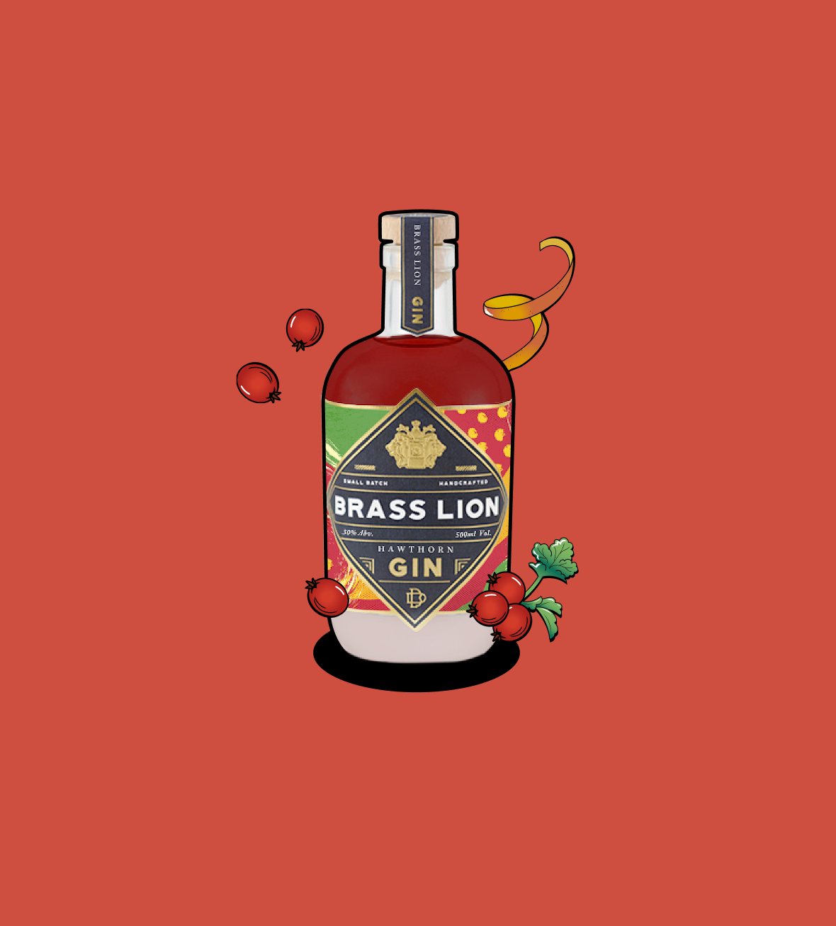 Brass Lion Hawthorn Gin bottle with hawthorn berries, coriander, and swirling peel illustrations.