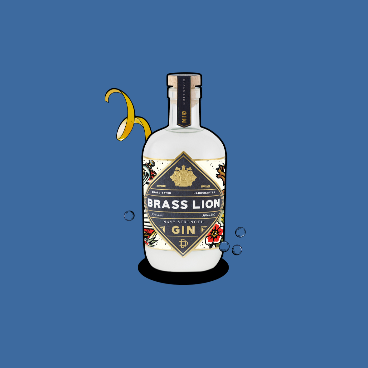 Brass Lion Navy Strength Gin bottle with tattoo-inspired illustrations, banana peel, and bubbles.