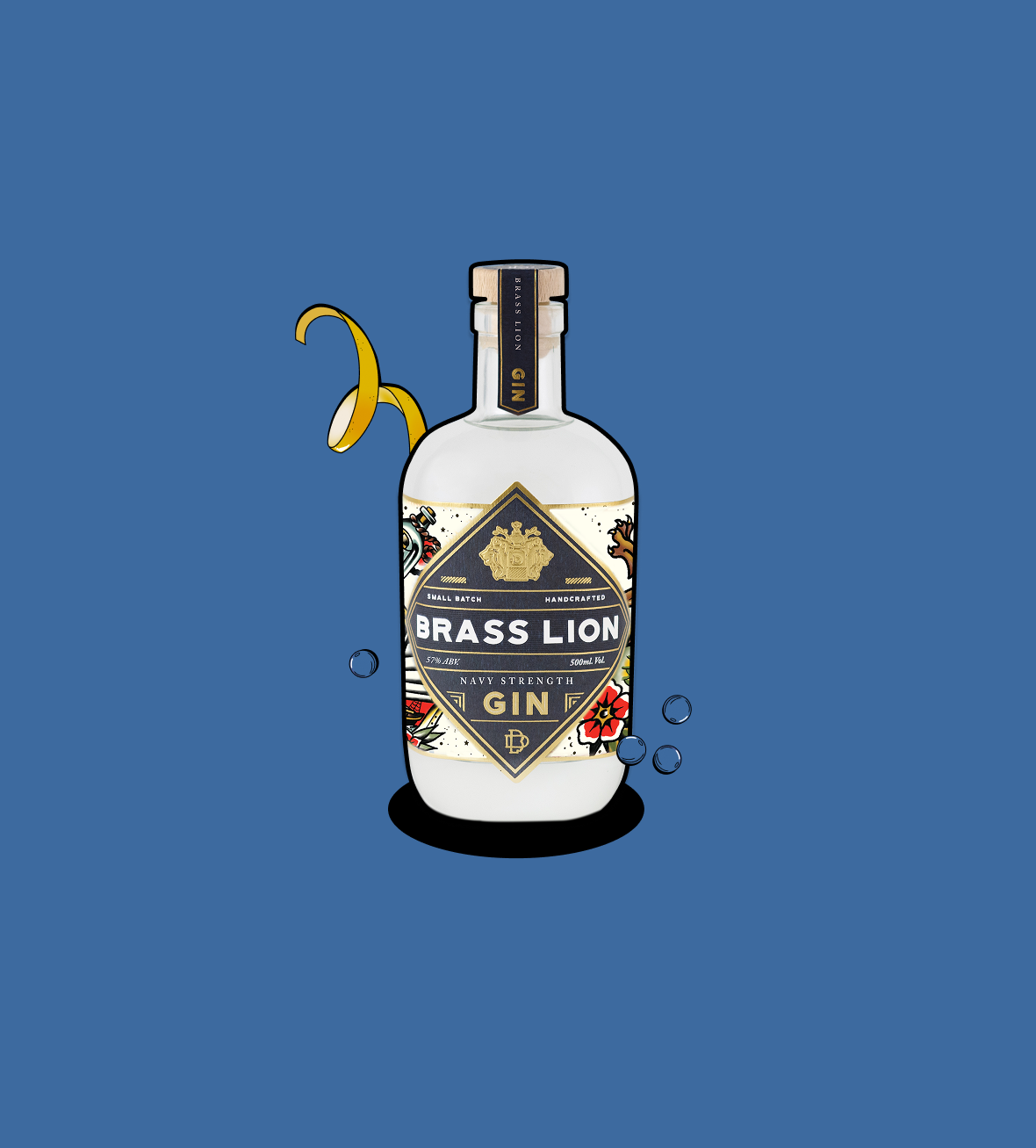 Brass Lion Navy Strength Gin bottle with tattoo-inspired illustrations, banana peel, and bubbles.