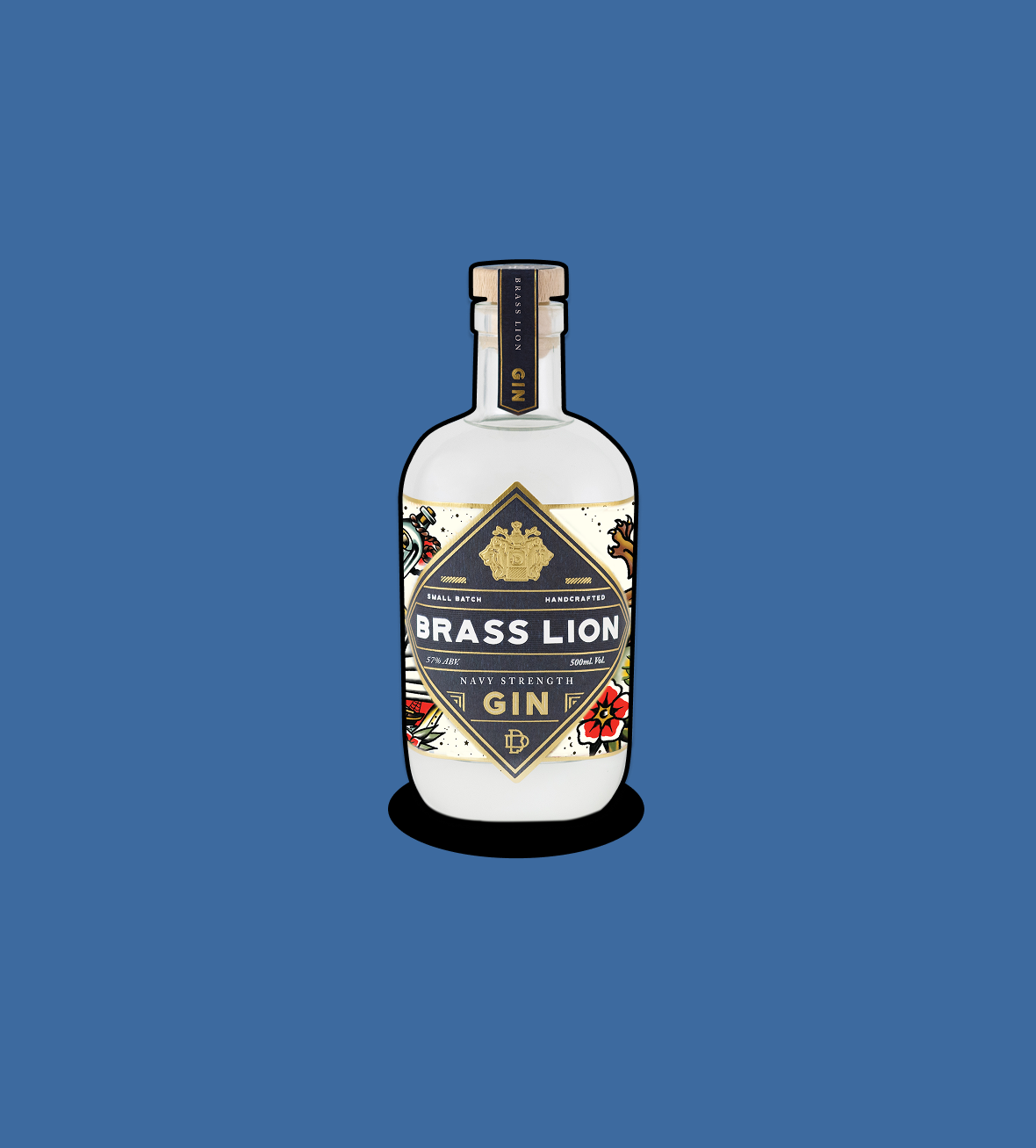 Brass Lion Navy Strength Gin bottle on a deep blue background.