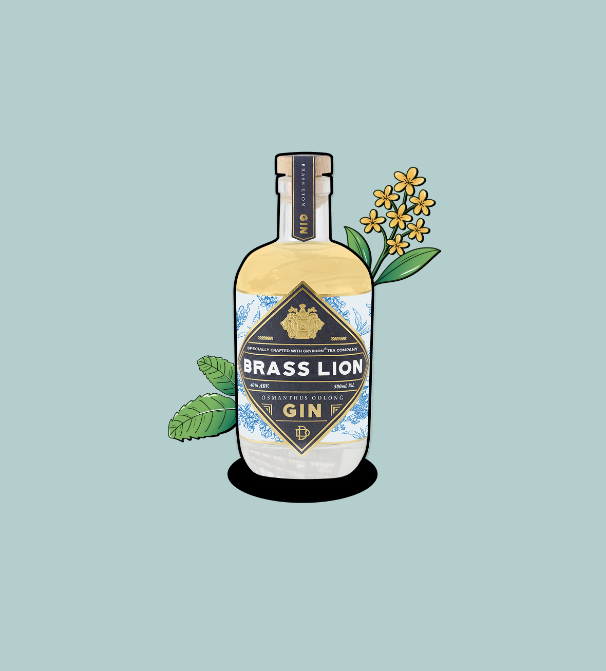 Brass Lion Osmanthus Oolong Gin bottle with osmanthus blossoms and oolong tea leaves illustrated.