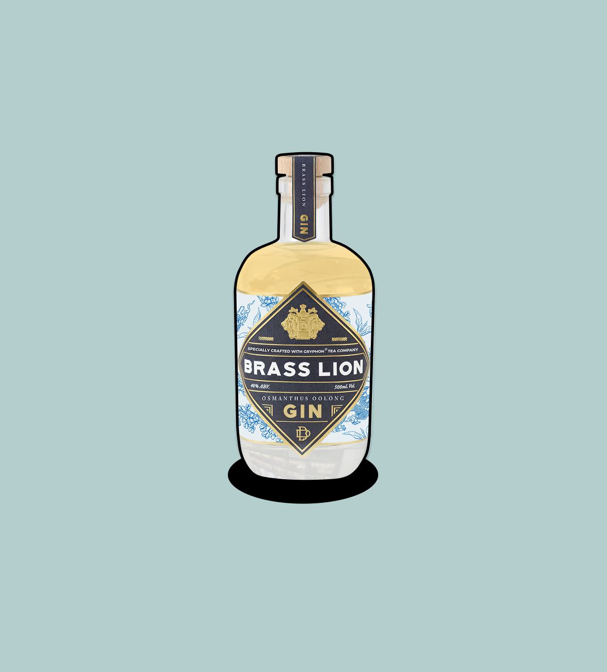 Brass Lion Osmanthus Oolong Gin bottle on a light teal background.