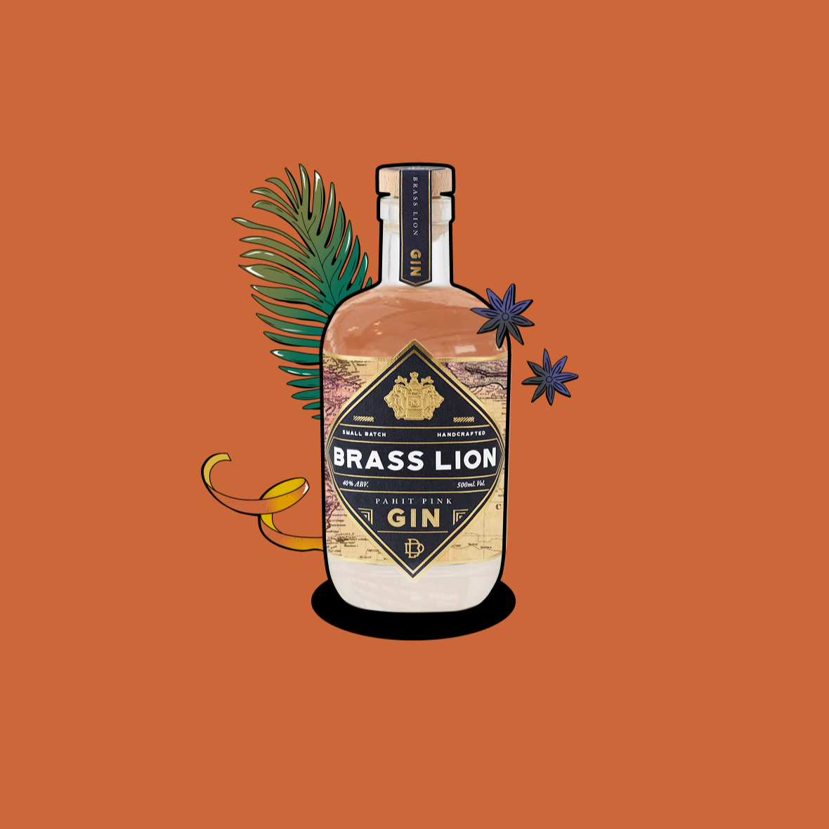 Brass Lion Pahit Pink Gin bottle with tropical leaves, star anise, and citrus peel illustrations.