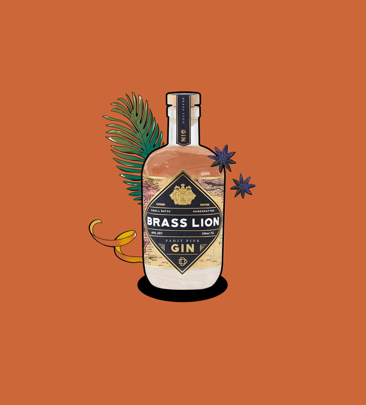 Brass Lion Pahit Pink Gin bottle with tropical leaves, star anise, and citrus peel illustrations.