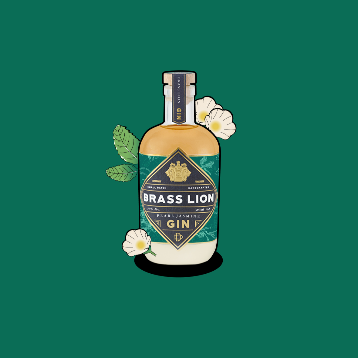 Brass Lion Pearl Jasmine Gin bottle with jasmine flowers and tea leaves.