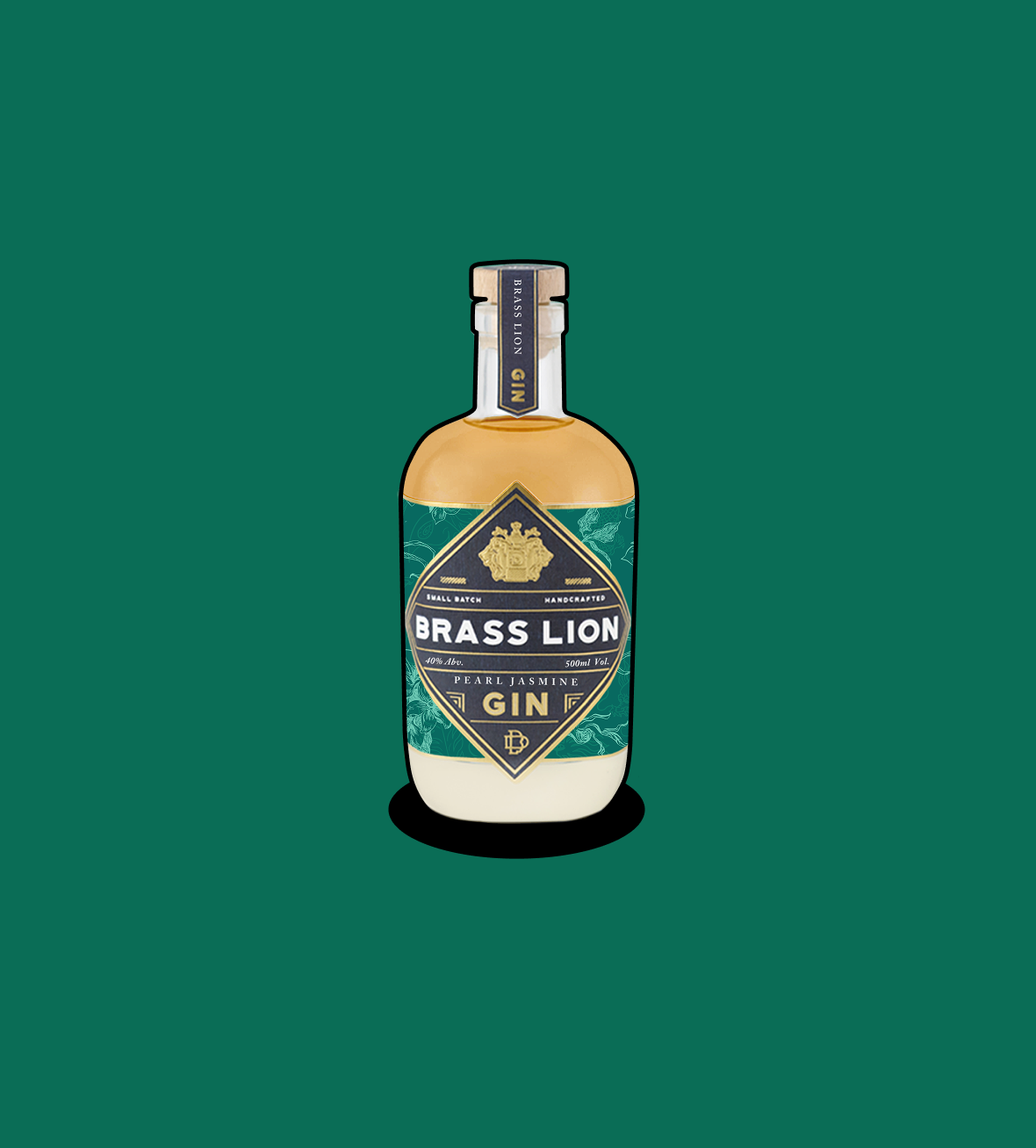 Brass Lion Pearl Jasmine Gin bottle on a deep green background.