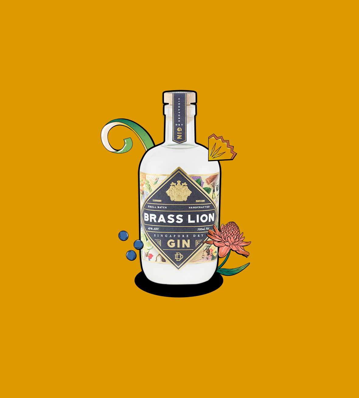 Brass Lion Singapore Dry Gin bottle surrounded by local botanicals, blue berries, and a chrysanthemum flower.