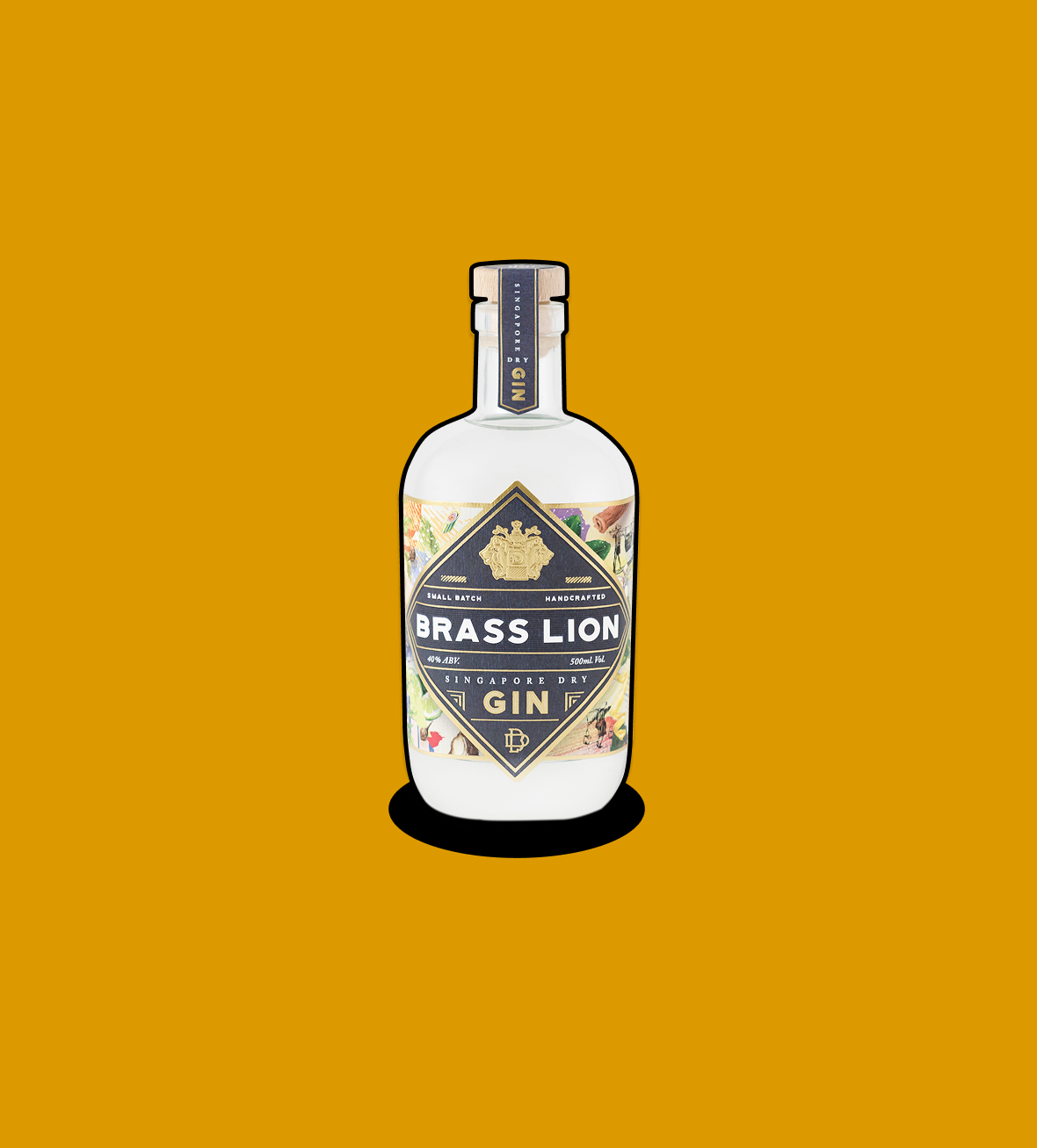 Brass Lion Singapore Dry Gin bottle on a mustard yellow background.