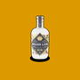 Brass Lion Singapore Dry Gin bottle on a mustard yellow background.