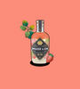 Brass Lion Strawberry Kaffir Gin bottle with kaffir lime leaves and a sliced strawberry illustration.