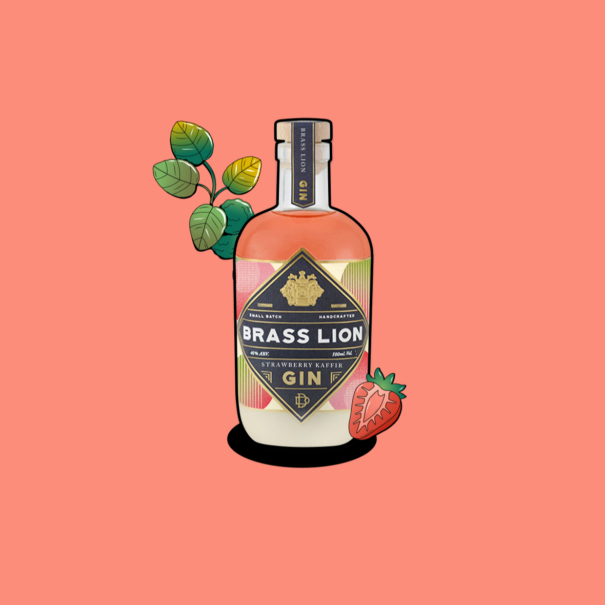 Brass Lion Strawberry Kaffir Gin bottle with kaffir lime leaves and a sliced strawberry illustration.