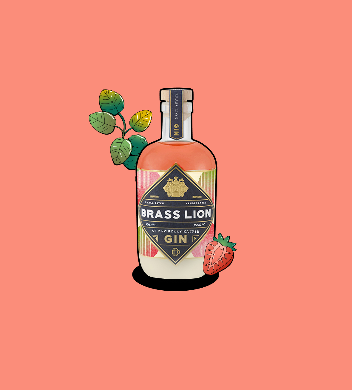 Brass Lion Strawberry Kaffir Gin bottle with kaffir lime leaves and a sliced strawberry illustration.