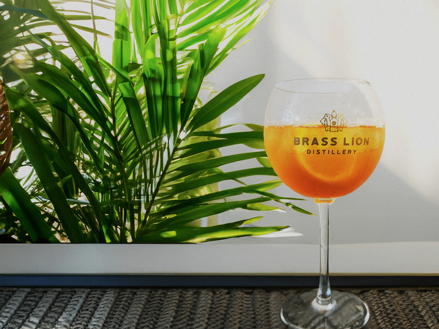 Brass Lion Hawthorn Gin cocktail in a globe glass, served in tropical sunlight with palm leaves in the background