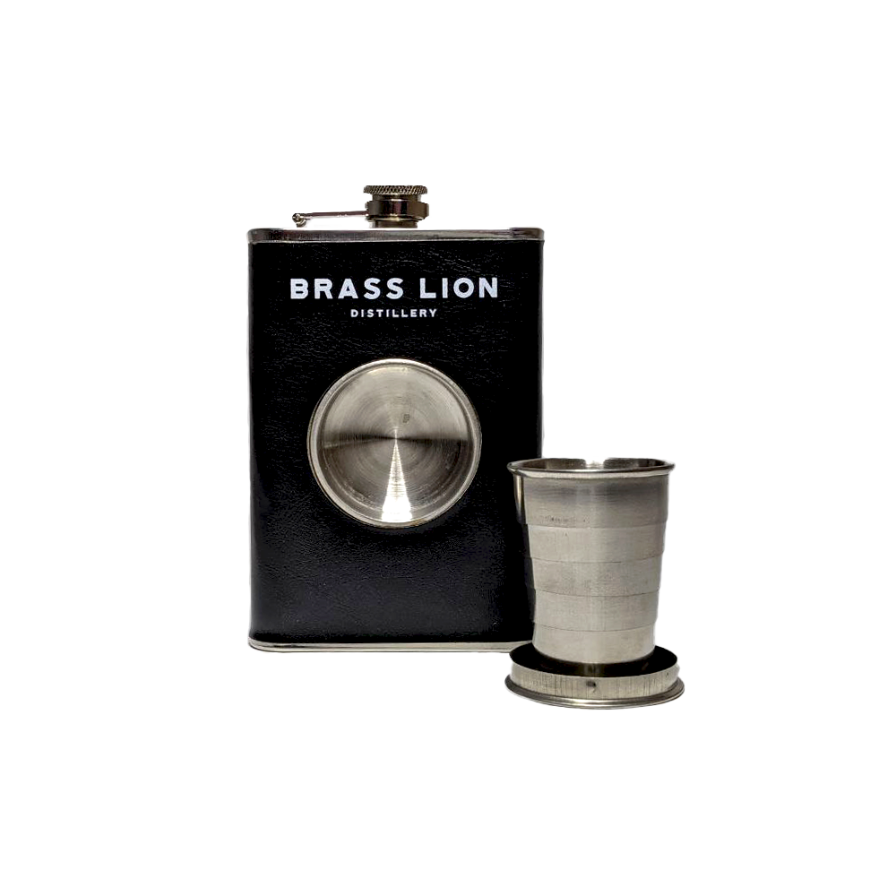 Brass Lion Hip Flask with collapsible shot glass